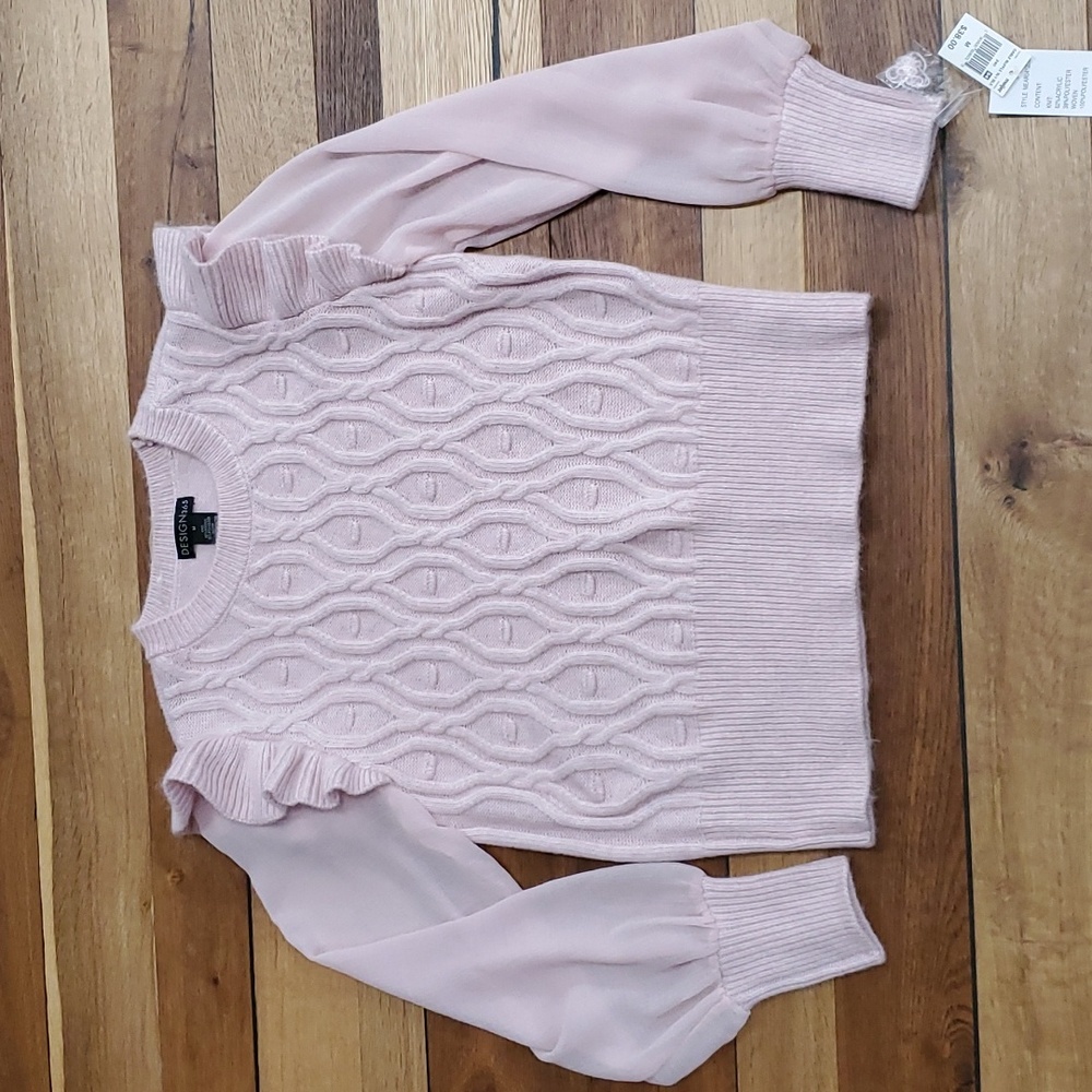 Pink cable ruffle sleeve sweater